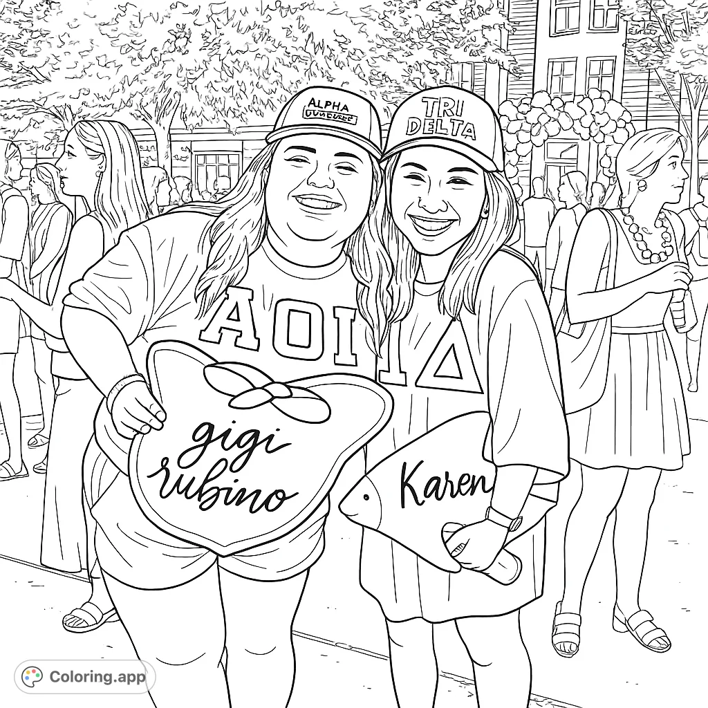 Two joyful sorority sisters pose with signs at a lively outdoor event. A fun, free printable coloring page for all ages.