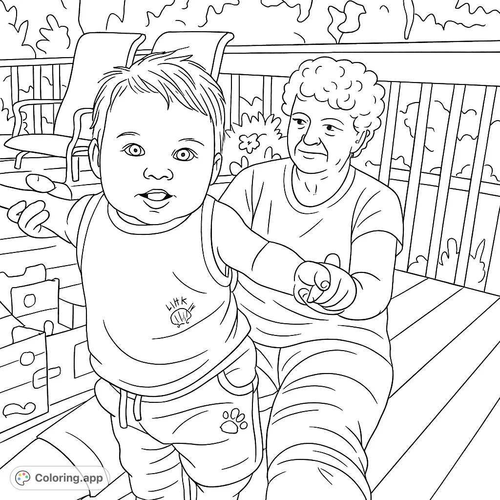 A heartwarming free printable coloring page featuring a baby taking first steps with grandma, perfect for family-themed coloring pages for kids and adults.