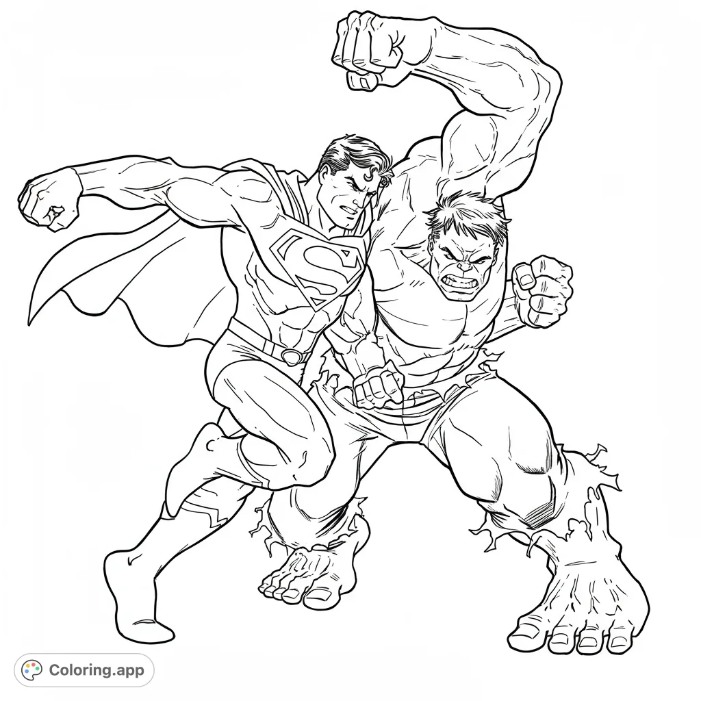 Dynamic superhero clash featuring Superman and Hulk in an epic battle. Perfect for fans of action and comic book heroes.