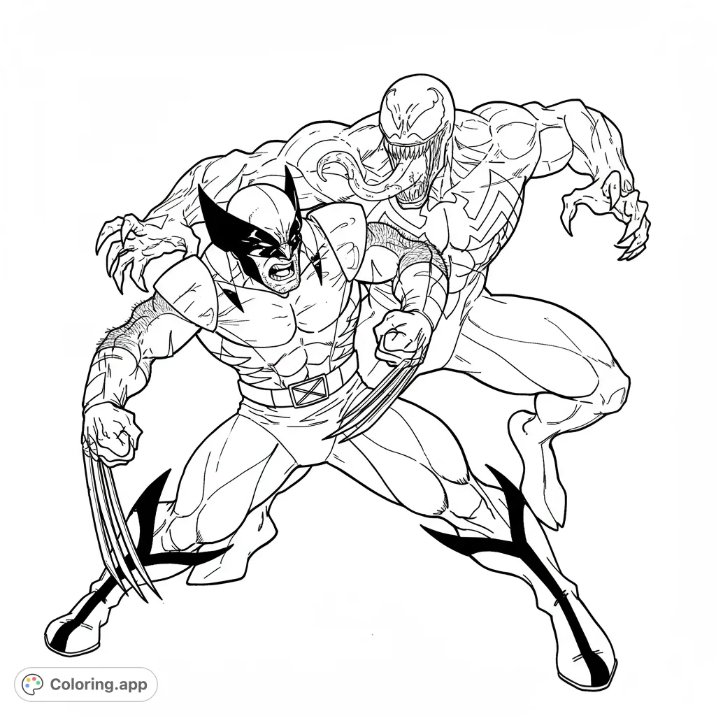 Epic Wolverine and Venom clash! A dynamic superhero coloring page featuring two iconic characters in a fierce battle.