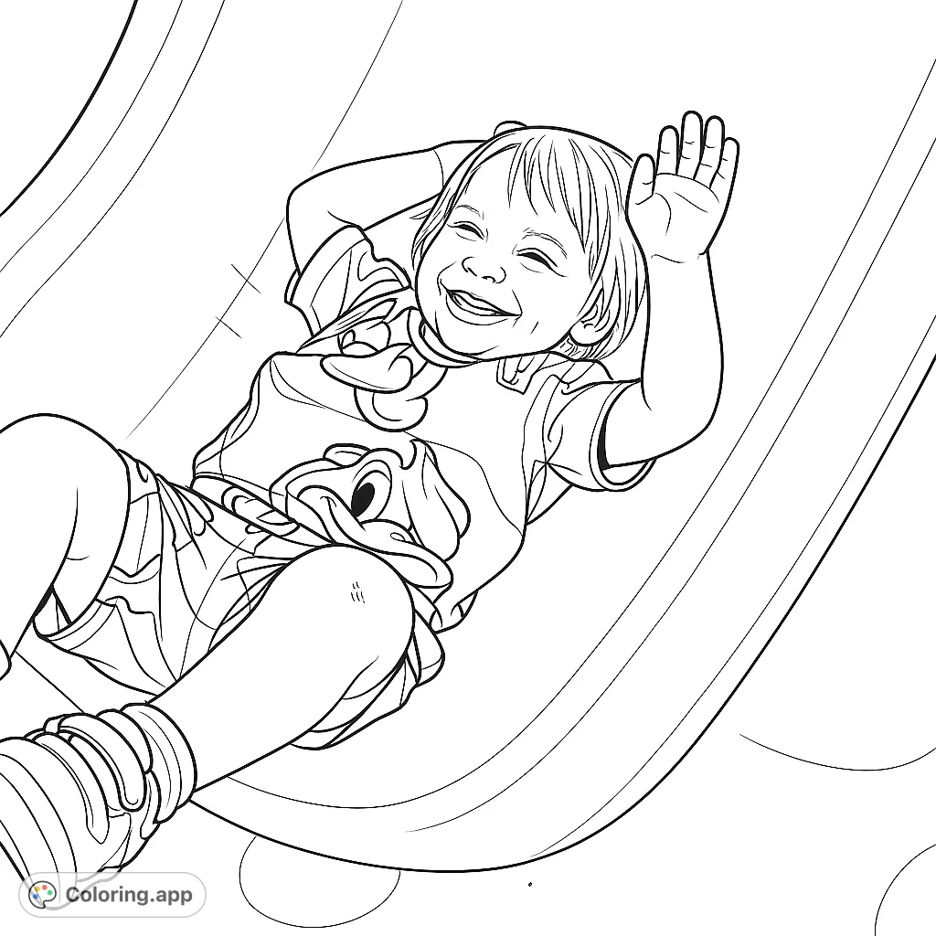 A joyful child slides down a playground slide, beaming with happiness and waving. Perfect for a fun, free printable kids' coloring page!