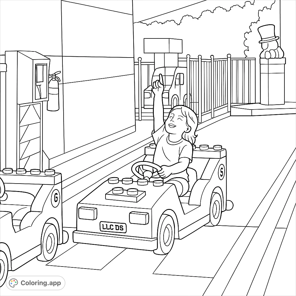 A happy girl drives a block-style toy car in a fun park setting. Perfect free printable coloring page for kids to enjoy!