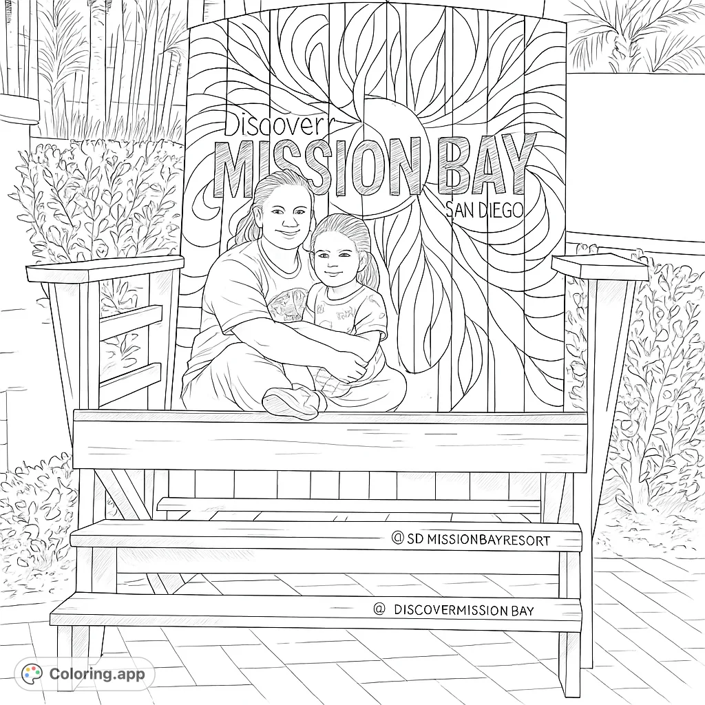 A heartwarming family coloring page featuring a woman and child on a bench, set against a decorative sun mural and lush foliage. Perfect for all ages!