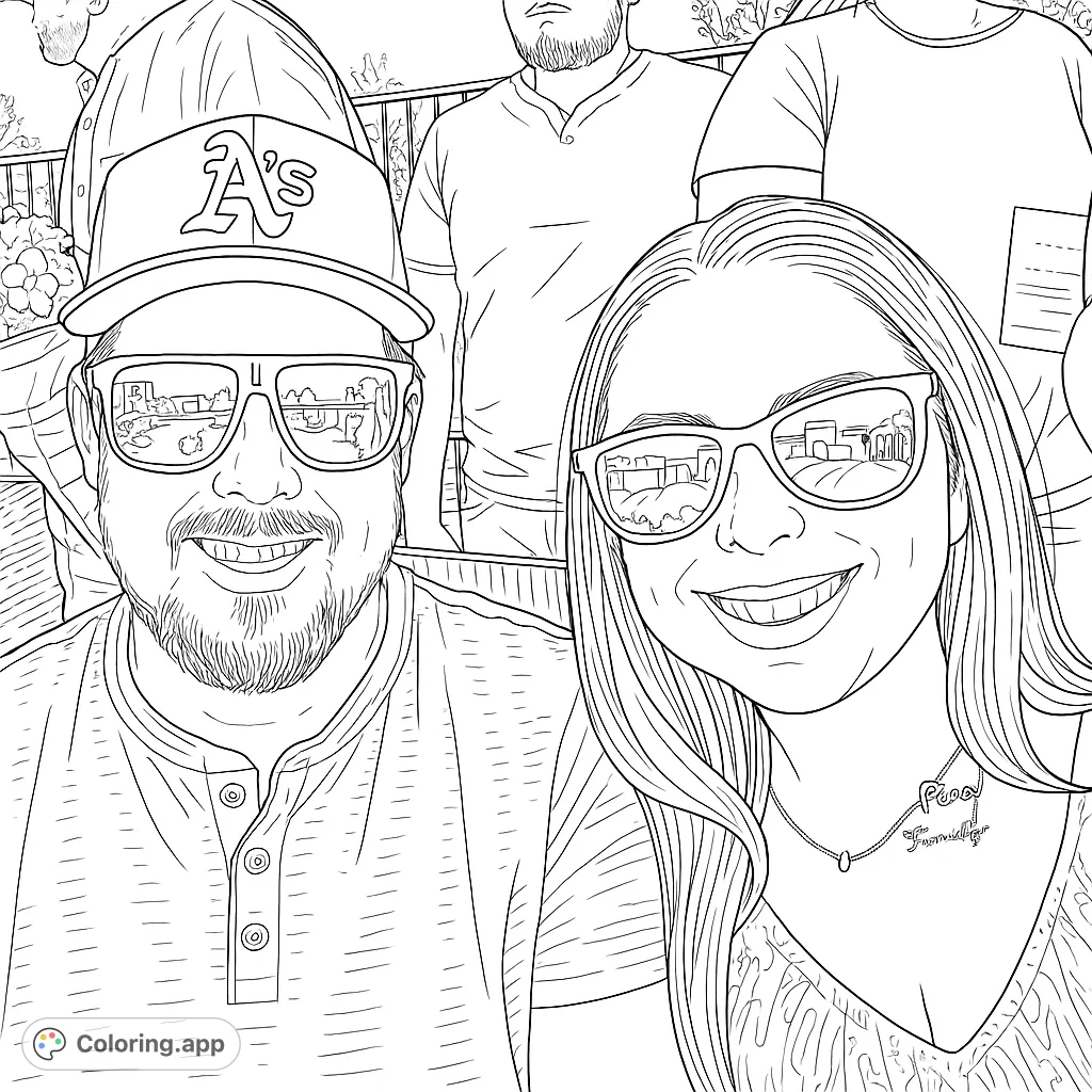 A happy couple smiles, wearing sunglasses reflecting a cityscape, at an outdoor event. A fun, free printable people coloring page.