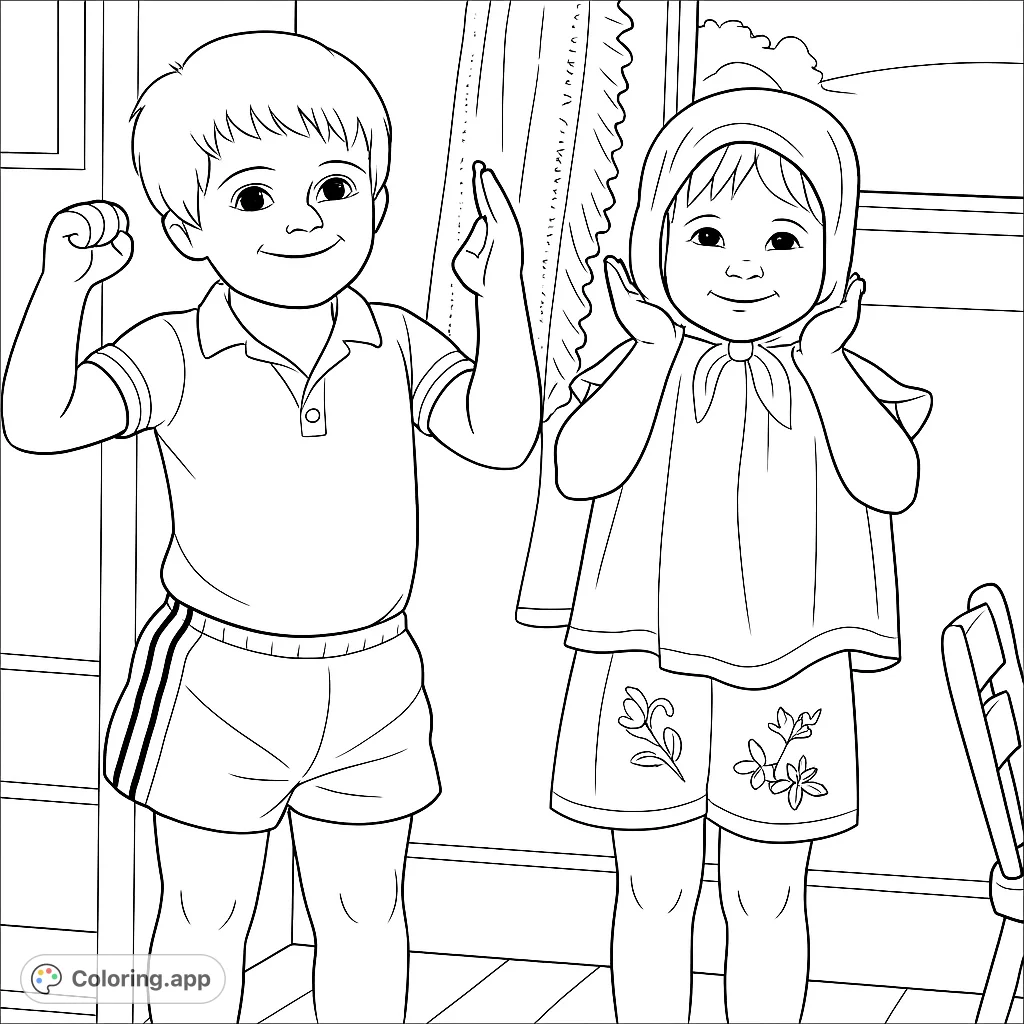 A delightful children's playtime coloring page featuring a happy boy flexing and a sweet girl in a bonnet, ready for creative colors.