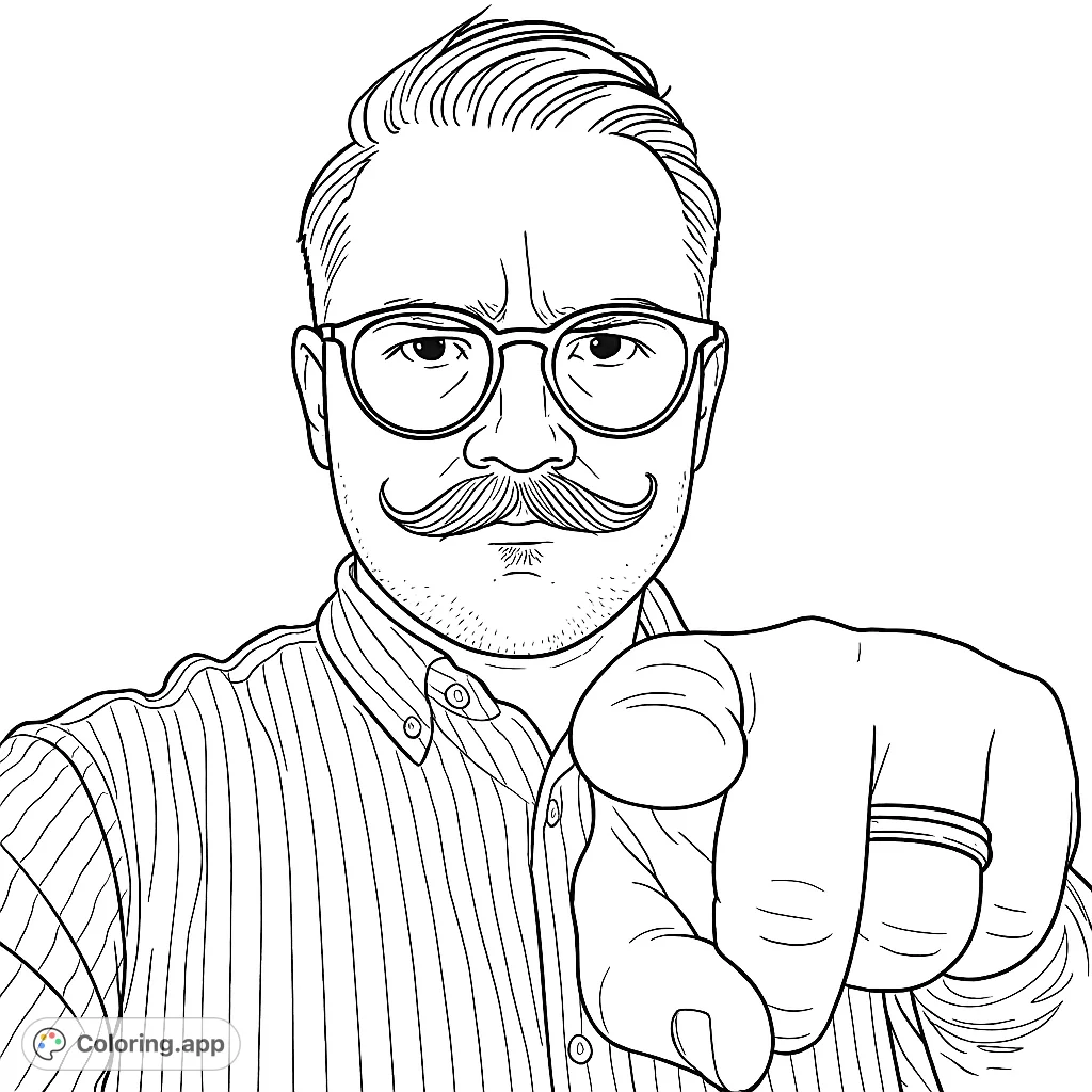 Engaging man with mustache and glasses points directly at you. A unique portrait coloring page for all ages, perfect for creative expression.