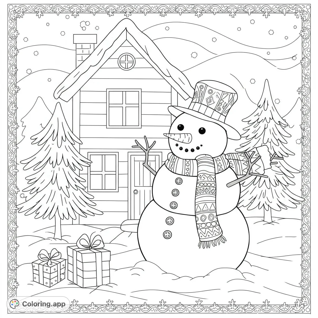 A delightful winter wonderland featuring a cheerful snowman, a cozy house, and festive gifts, perfect for a relaxing coloring experience. Free printable winter coloring page for kids and adults.