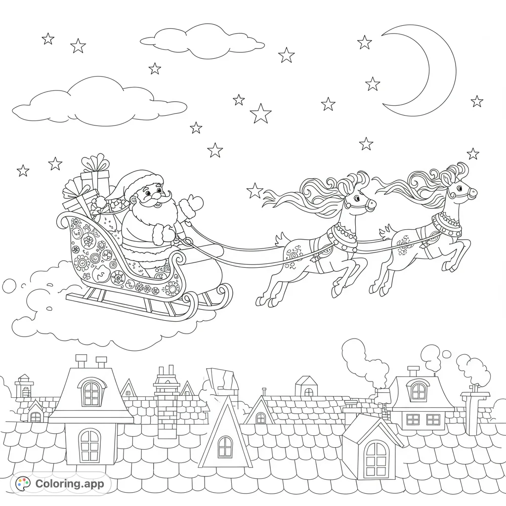 Join Santa and his reindeer on a festive Christmas Eve flight over a charming town. A magical holiday coloring page for all ages!