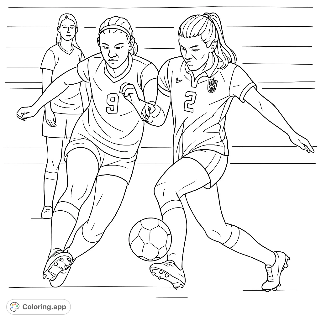 Dynamic soccer action coloring page featuring female players in a thrilling match. Perfect for sports fans and aspiring athletes.