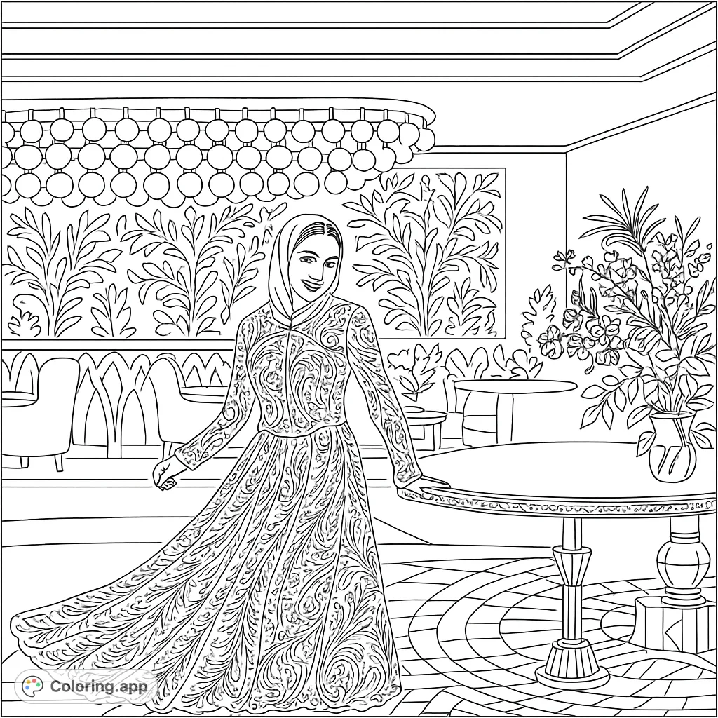 An elegant woman in a beautifully patterned dress stands in a sophisticated room with ornate decor, ready for your creative touch. A free printable coloring page.