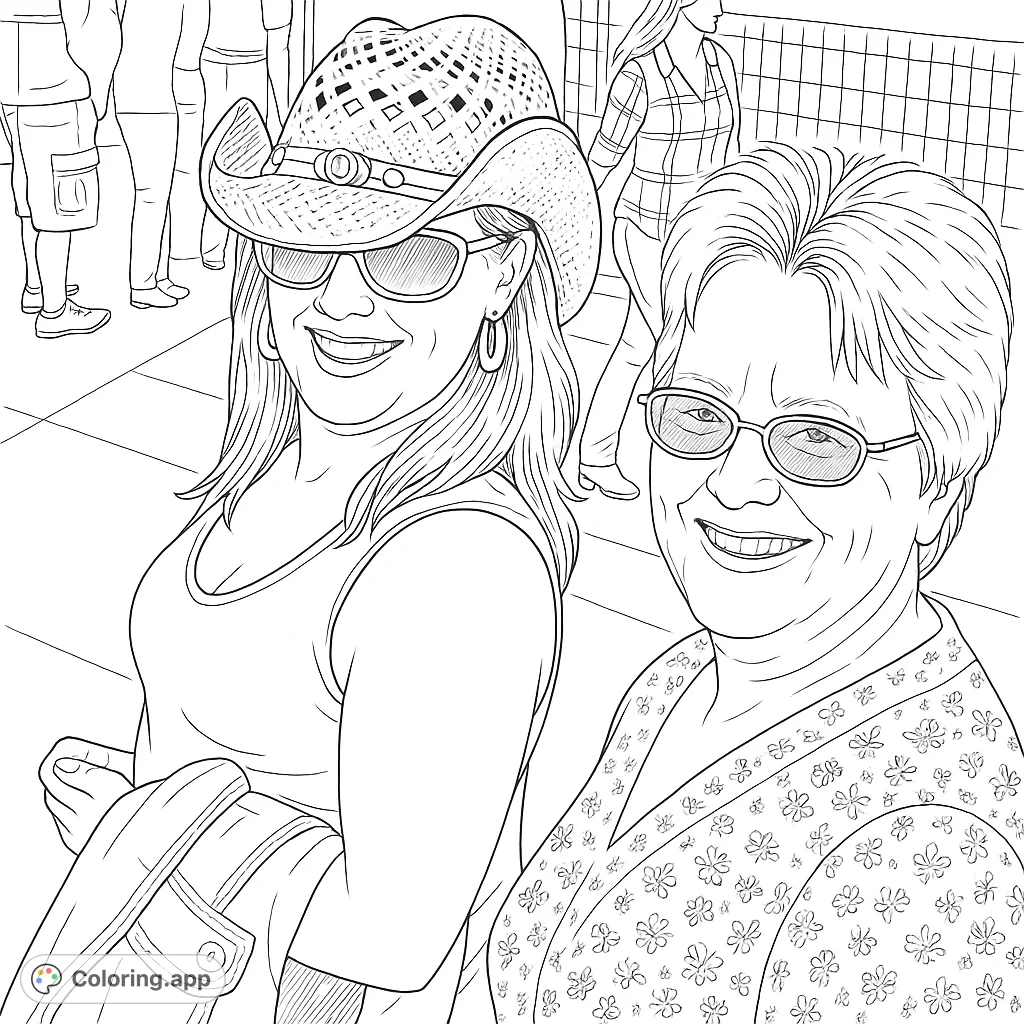 A friendly coloring page featuring two smiling women, one wearing a cowboy hat and sunglasses, capturing a fun, casual vibe. Great for adults!