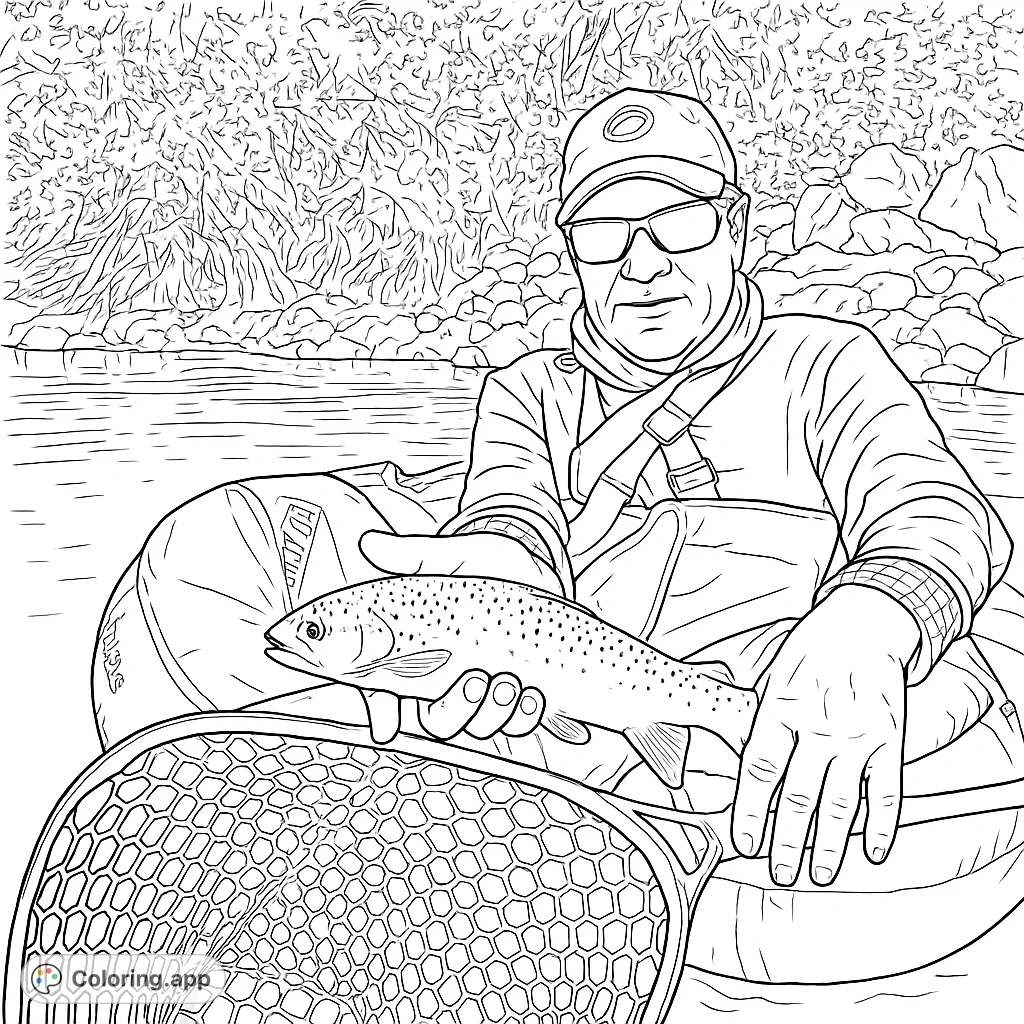 A detailed fishing coloring page featuring an angler in a float tube holding a trout and net. Perfect free printable fishing coloring page for nature lovers!