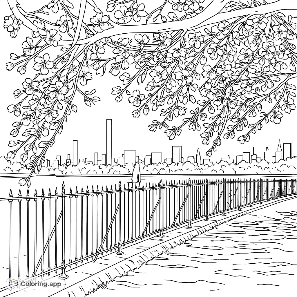 A beautiful cherry blossom cityscape coloring page featuring a serene lake, elegant fence, and distant skyline. Perfect for nature and urban enthusiasts.