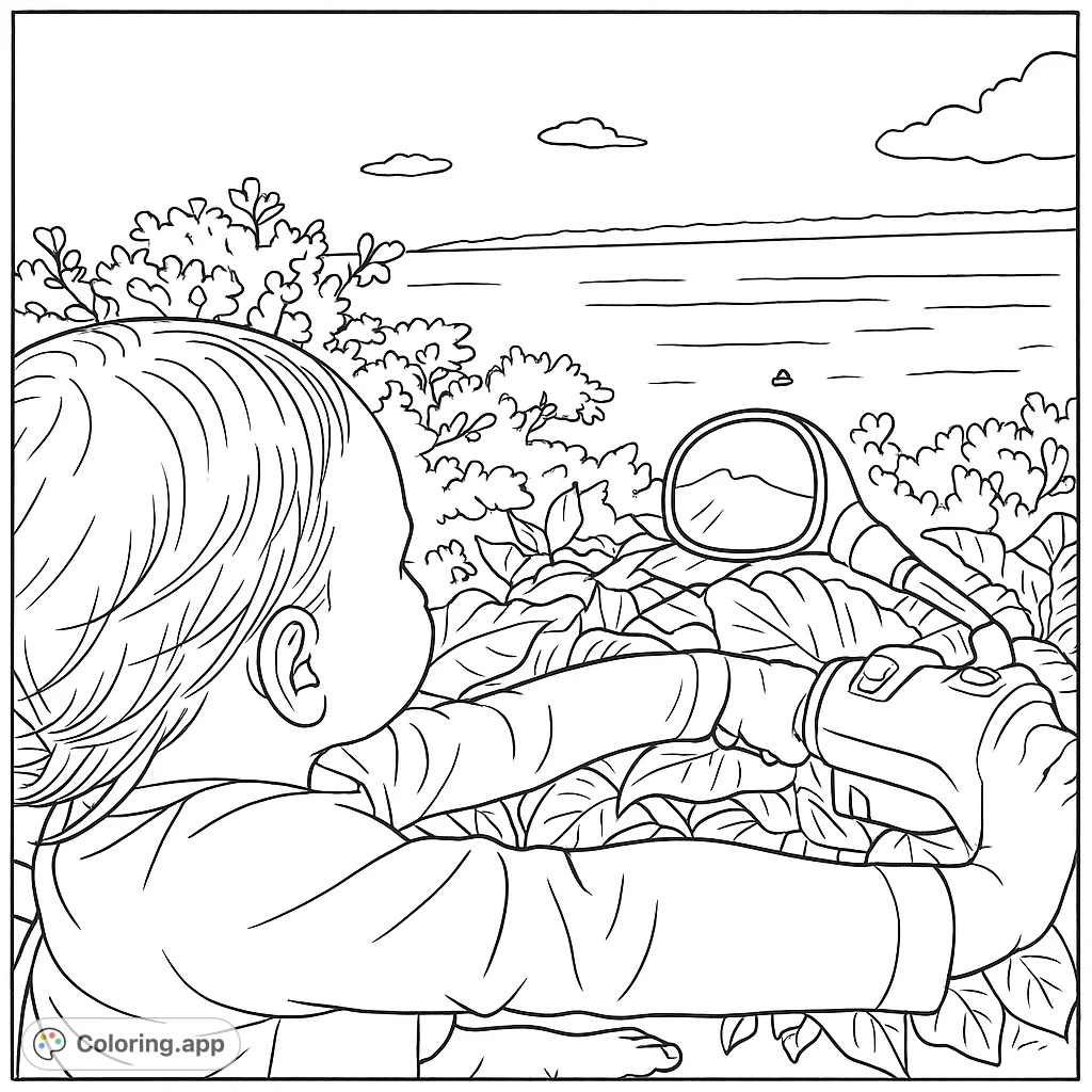 A child on a scooter overlooks a serene lake, surrounded by lush foliage. A perfect adventure coloring page for all ages.