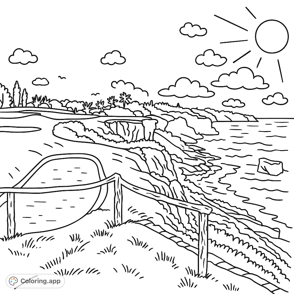 Explore a serene coastal landscape with rugged cliffs, a winding path, and a sunny ocean view. Perfect for a relaxing coloring escape.