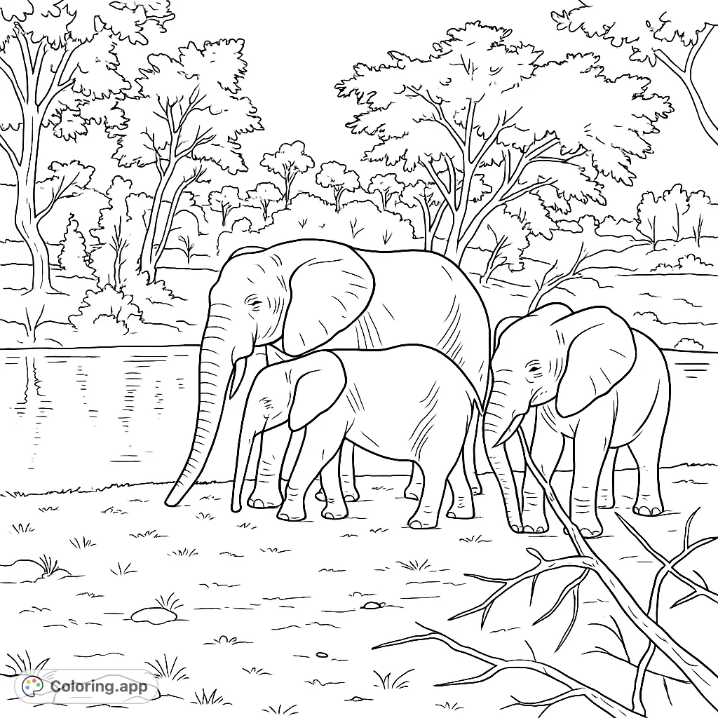 Color a majestic elephant family by a watering hole in this free printable safari animal coloring page. Perfect for nature lovers!