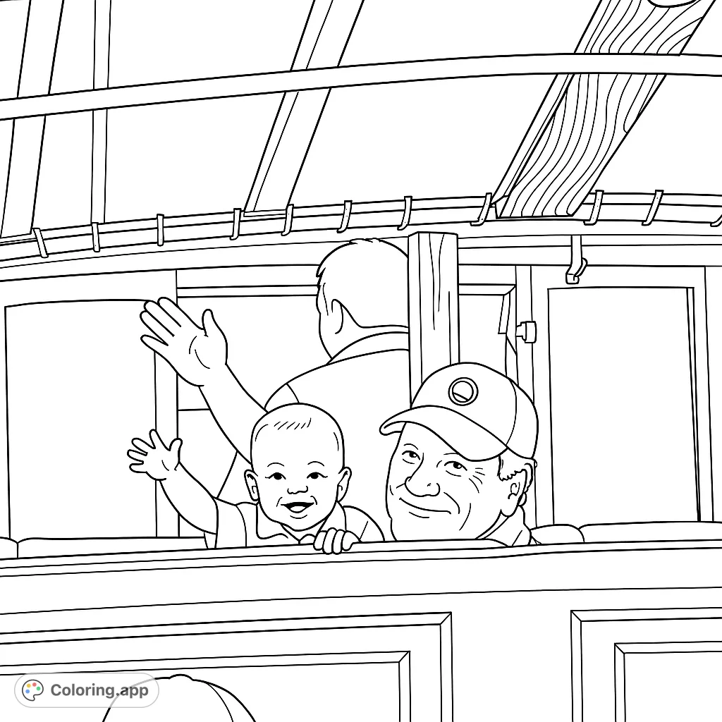 A heartwarming family scene on a boat, featuring a smiling baby, an older man, and another waving figure. Perfect for all ages.