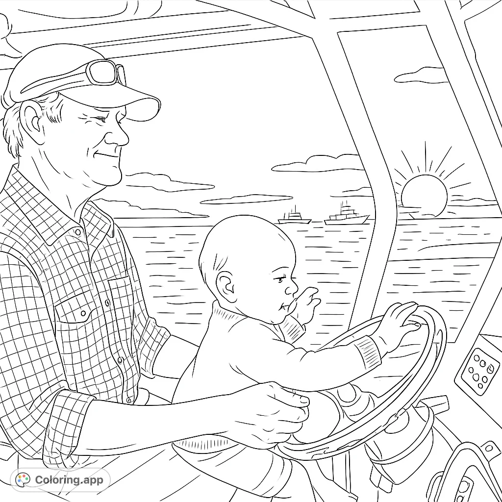 A heartwarming boat adventure coloring page featuring a grandpa and baby at the helm, with an ocean view and distant ships. Perfect for family fun!