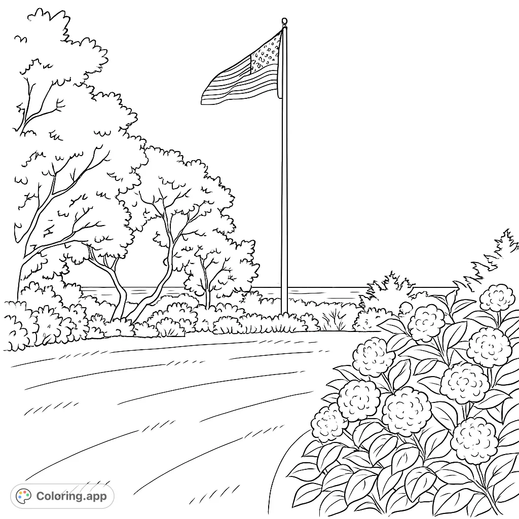 A serene patriotic scene featuring an American flag waving over a lush garden with flowering bushes and distant water. Free printable for all ages.