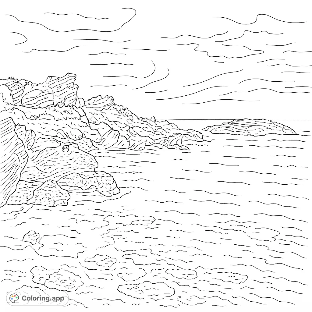 Explore a rugged coastal landscape with detailed rock formations, rippling ocean waters, and a distant island. A serene nature scene for coloring.