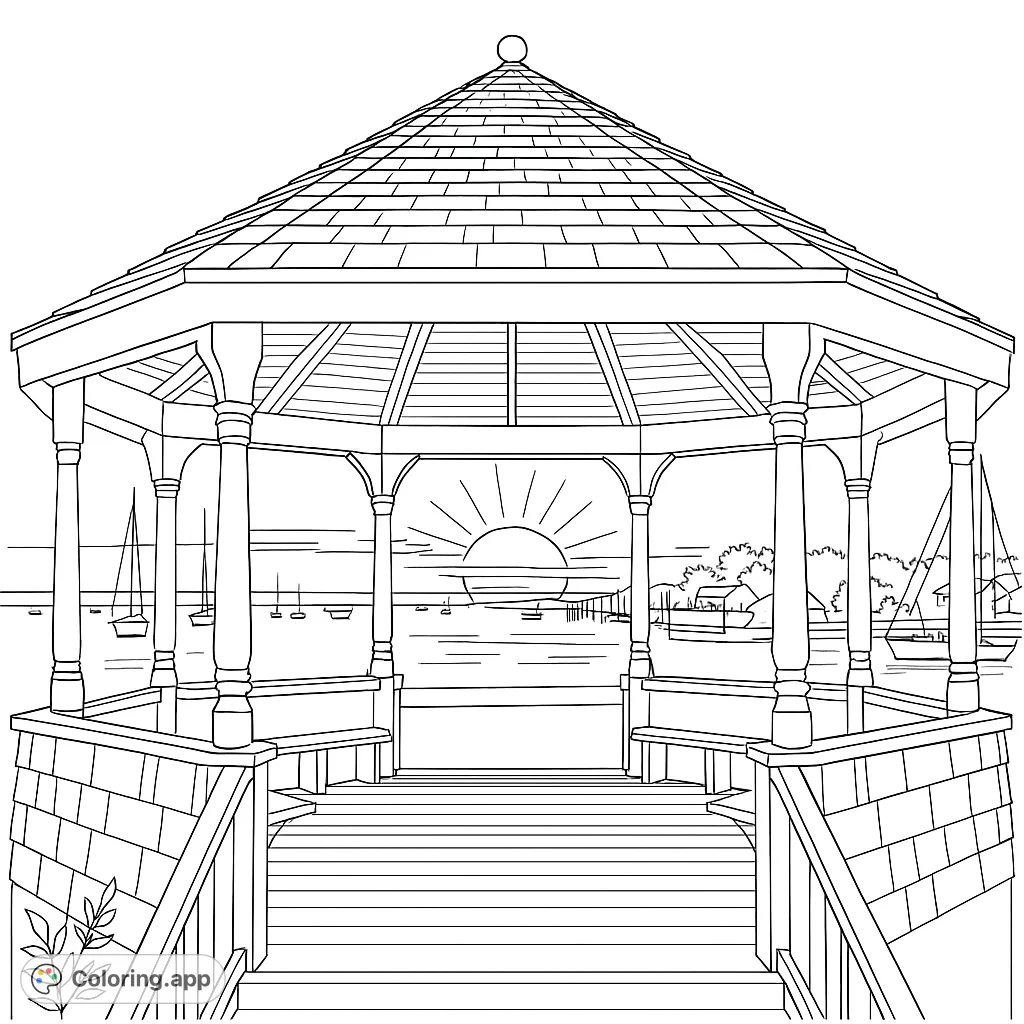 A beautiful seaside gazebo coloring page featuring a serene ocean view with sailboats and a radiant sunset, perfect for relaxation.