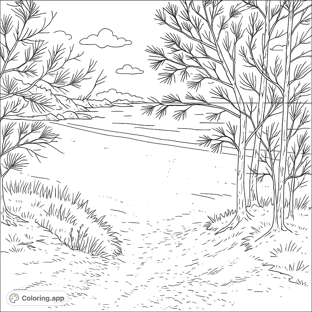 Explore a peaceful nature scene with a winding path, bare trees, and distant mountains across a calm lake. A beautiful landscape coloring page.