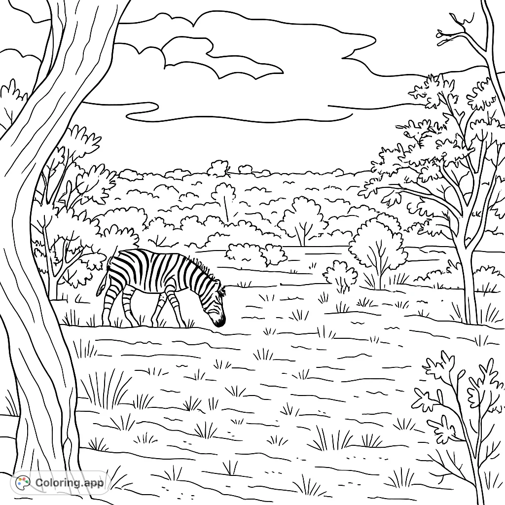 Explore the African savanna with a graceful zebra grazing amidst lush trees. A free printable safari coloring page for all ages.