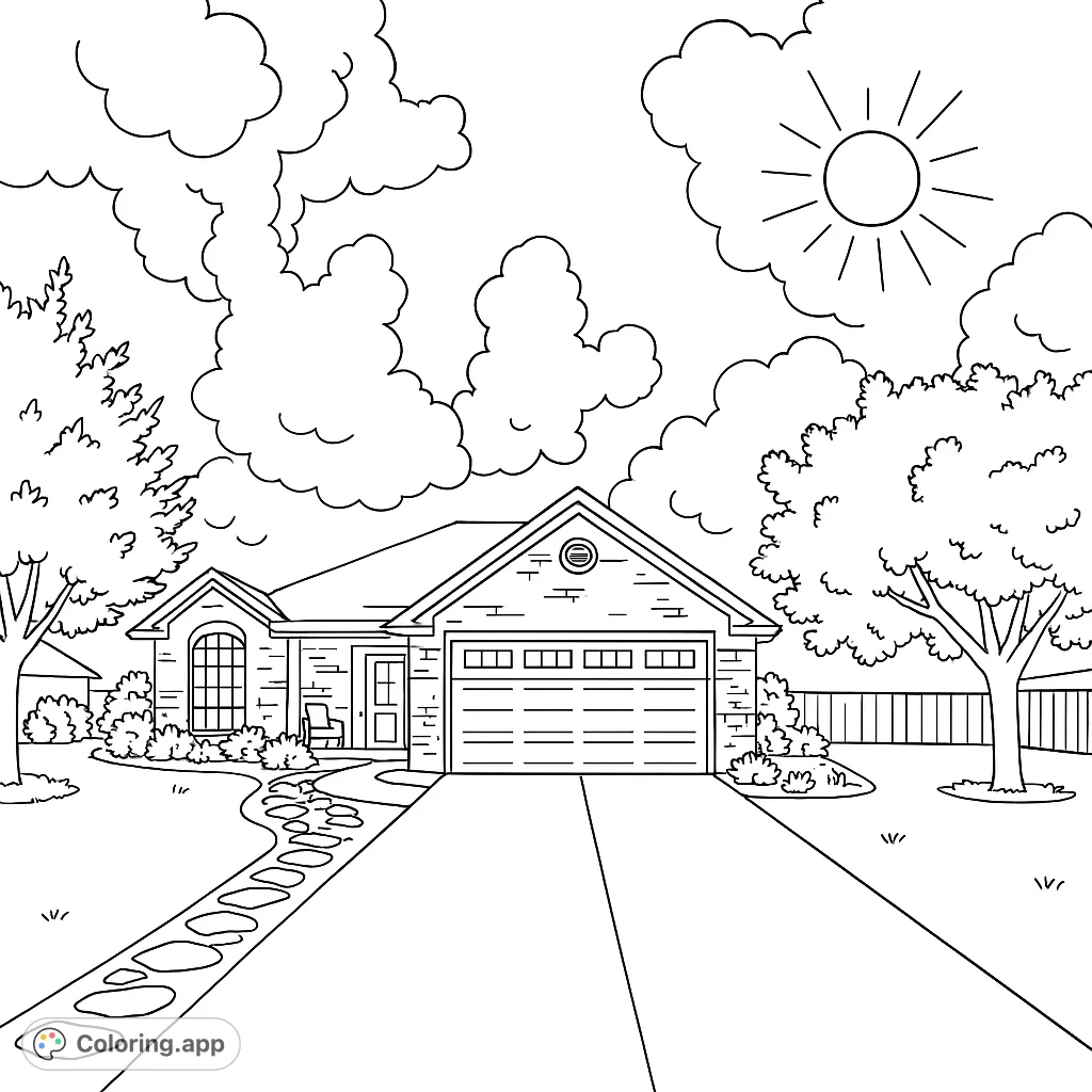 A charming suburban house with a driveway, stone path, lush trees, and fluffy clouds under a sunny sky, perfect for coloring.