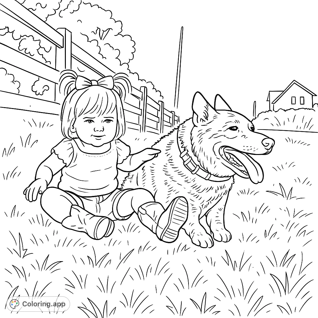 A sweet scene of a happy child petting a friendly dog in a grassy field, with a fence and house in the background. Perfect for kids!