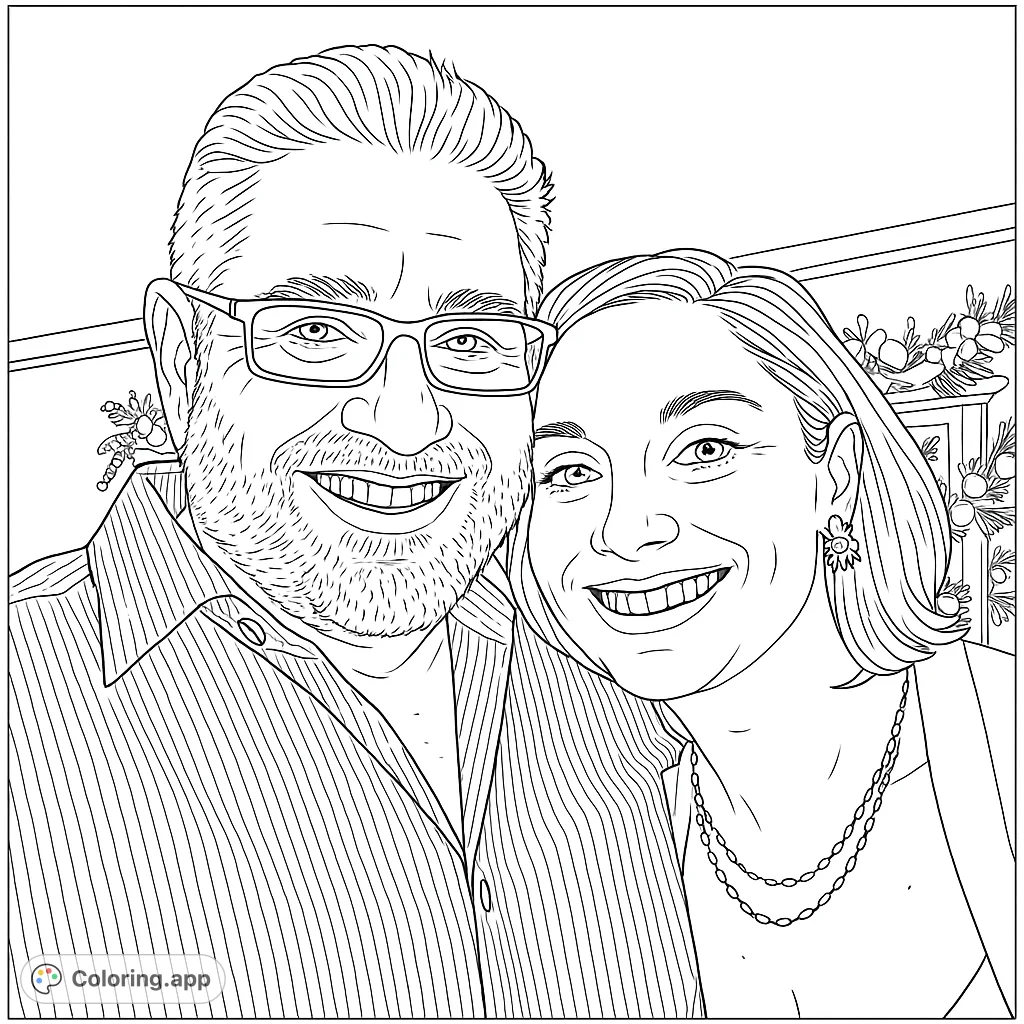 A heartwarming portrait of a smiling couple, perfect for a personalized coloring experience. Features intricate details and a festive background, ideal for all ages.