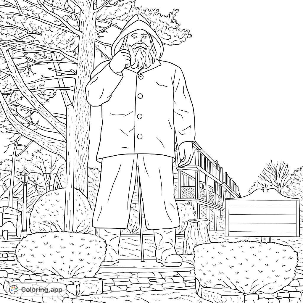 Color a majestic fisherman statue with a pipe, set against a detailed coastal town backdrop. A free printable coloring page for all ages.
