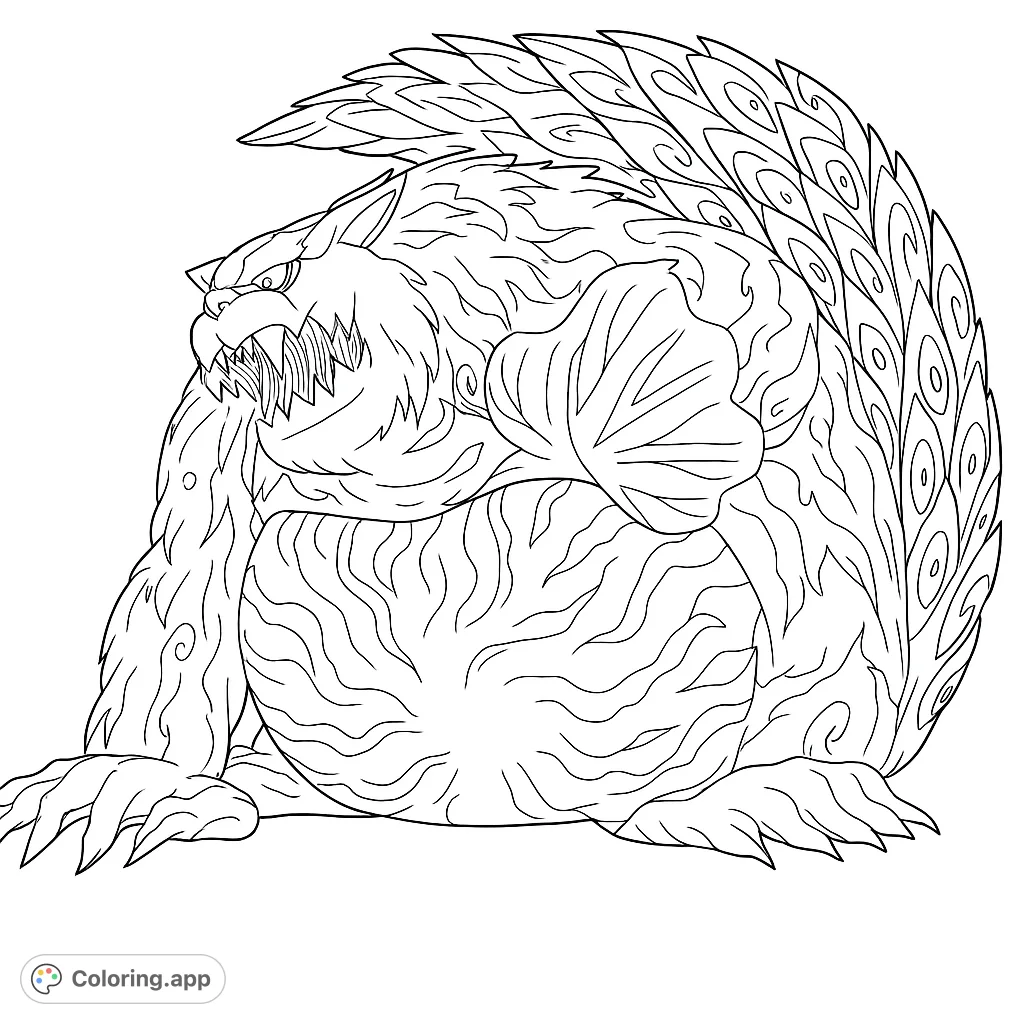 Unleash your creativity with this detailed line art of Shukaku the One-Tail! A fun coloring challenge for anime and manga fans.