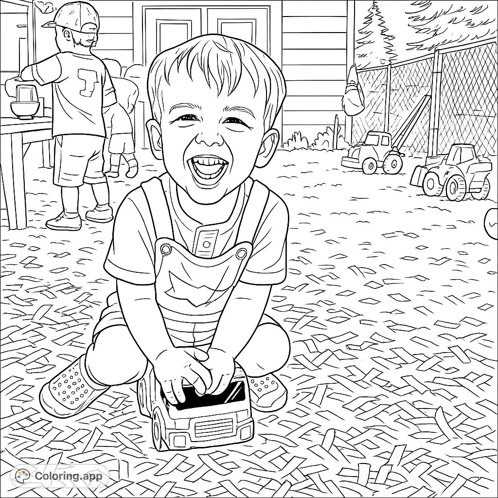 A happy child laughs joyfully while playing with a toy truck outdoors, surrounded by other kids and toys. A delightful scene for young colorists.
