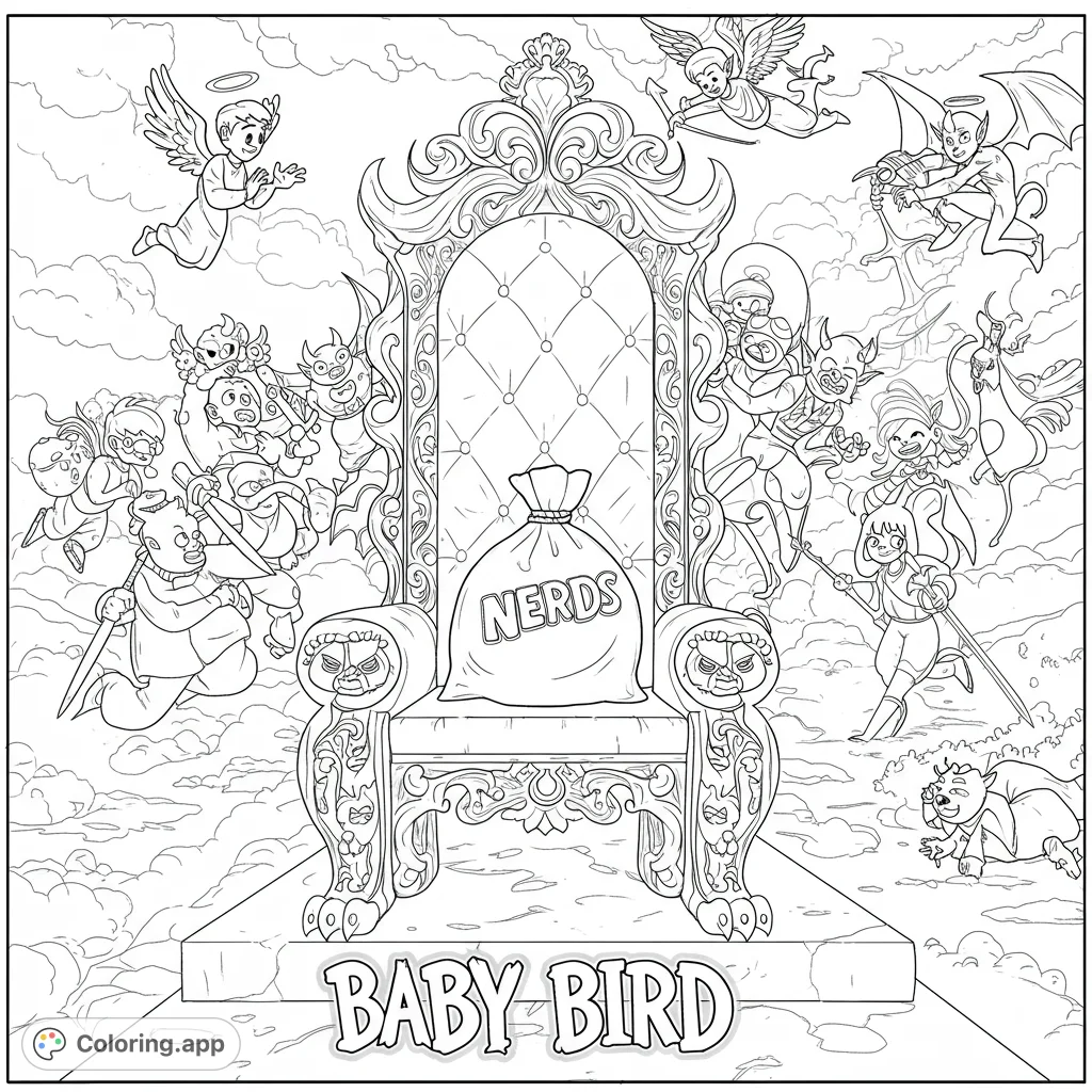 An ornate throne surrounded by whimsical angels and devils on swirling clouds. A detailed fantasy coloring page for all ages, free printable.