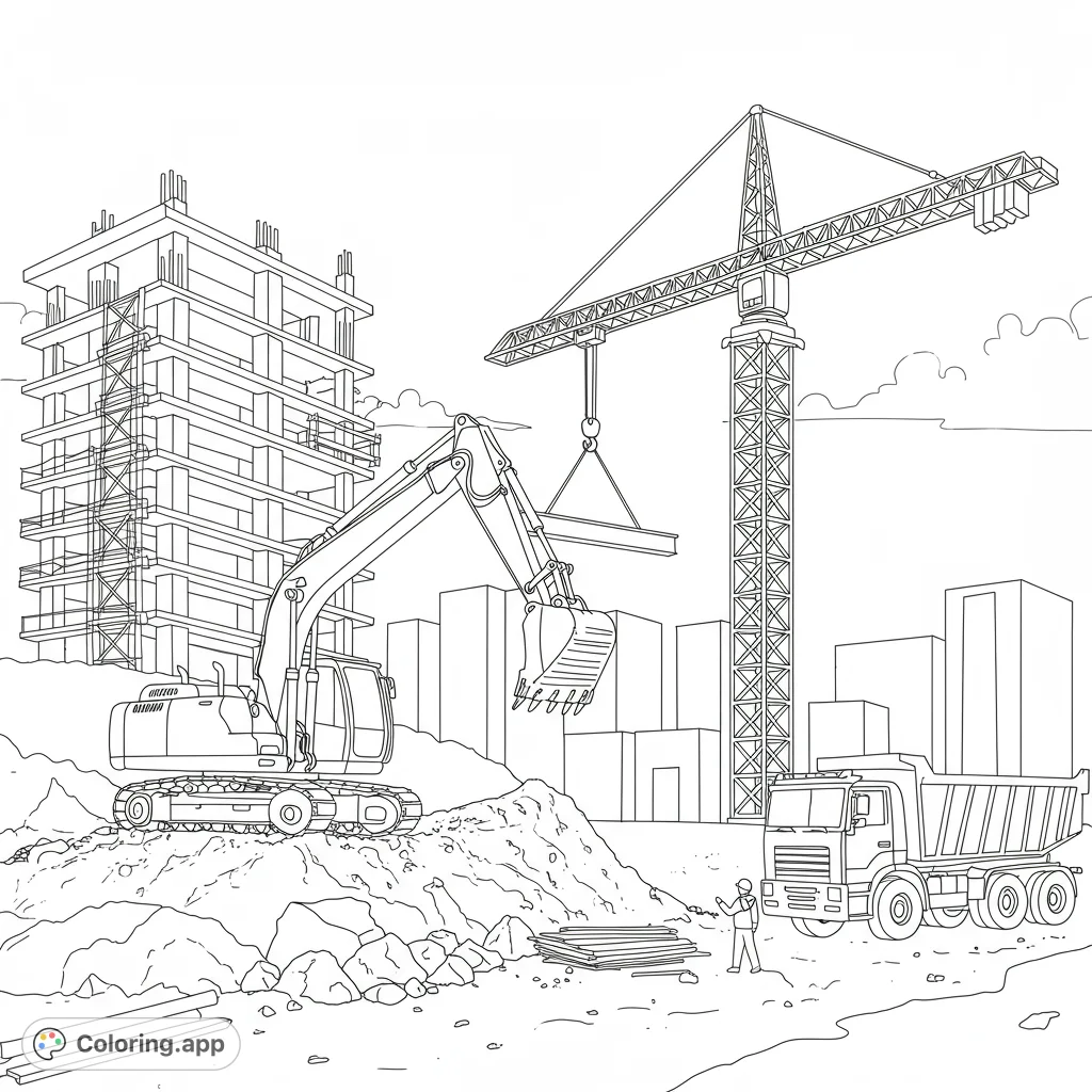 Explore a dynamic construction site with an excavator, crane, and dump truck, set against a developing city skyline. Perfect for detailed coloring.