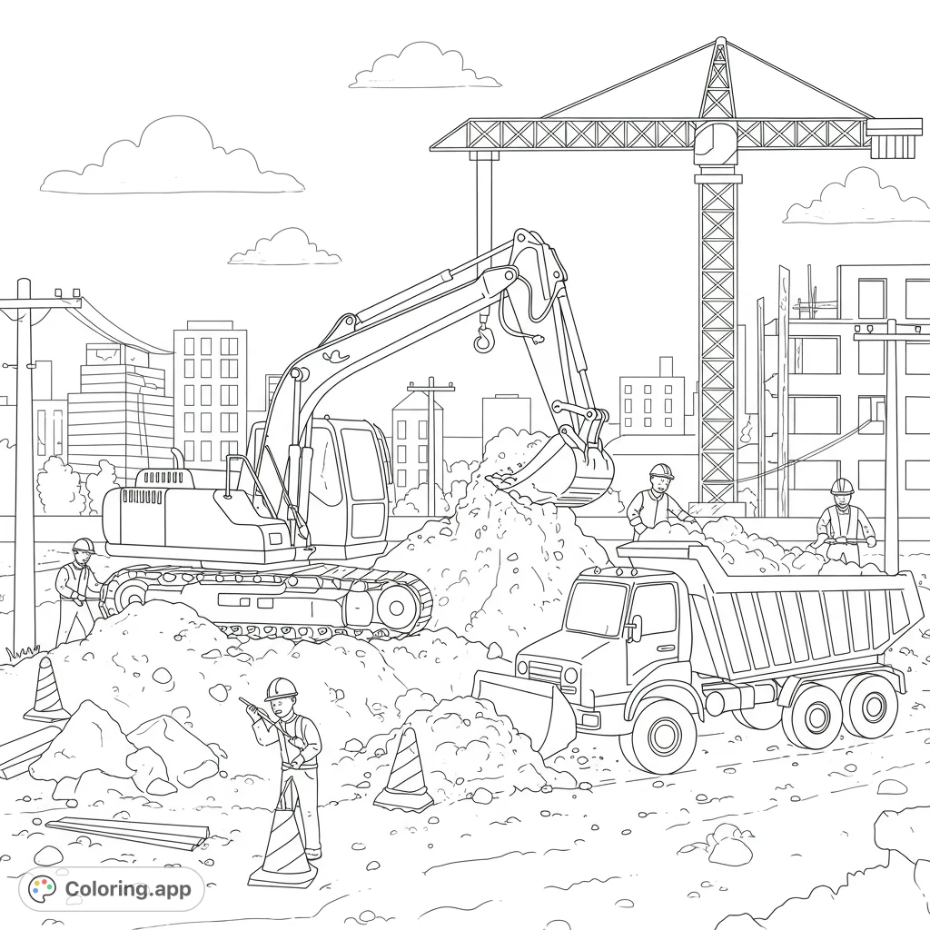 Explore a dynamic construction scene coloring page featuring powerful heavy machinery and busy workers, perfect for aspiring builders and vehicle enthusiasts.