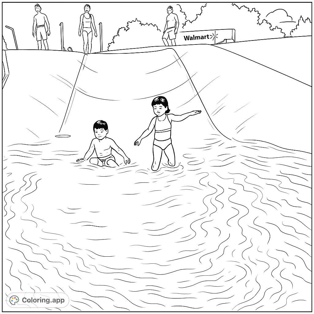 Dive into fun with this water park coloring page! Features kids splashing in a pool, a large slide, and adults watching.