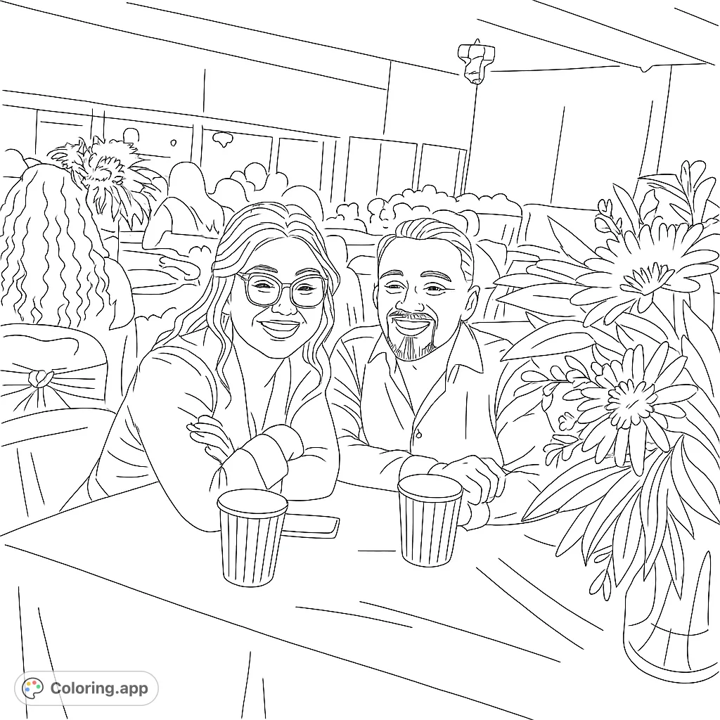 A delightful free printable couple's dinner coloring page. Features a smiling man and woman at a table with flowers, perfect for adults and teens to personalize.