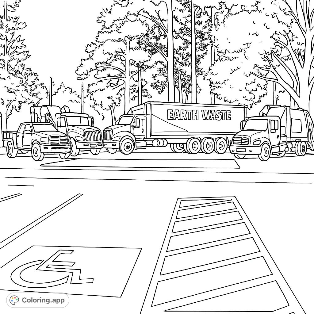 Explore a lineup of heavy-duty vehicles, including a pickup, semi-truck, and garbage truck, set against a lush forest backdrop with a detailed parking lot.