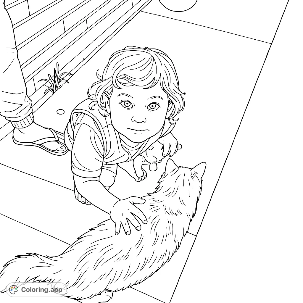Adorable child gently pets a fluffy cat in this heartwarming scene. Perfect for kids and adults, a free printable pet-themed coloring page.