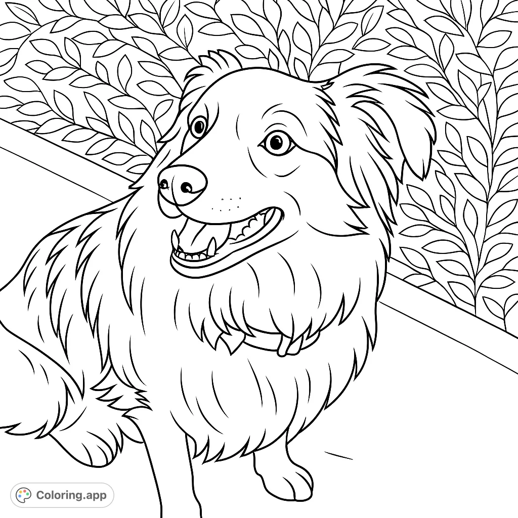A delightful dog coloring page featuring a happy, shaggy dog with an open-mouthed smile against a detailed leafy background. Free printable coloring page for kids and adults.