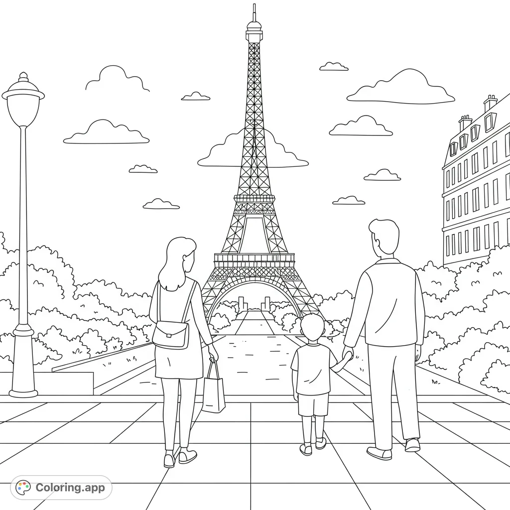 Explore Paris with a family adventure! Color the iconic Eiffel Tower, charming street scenes, and a loving family in this free printable coloring page.