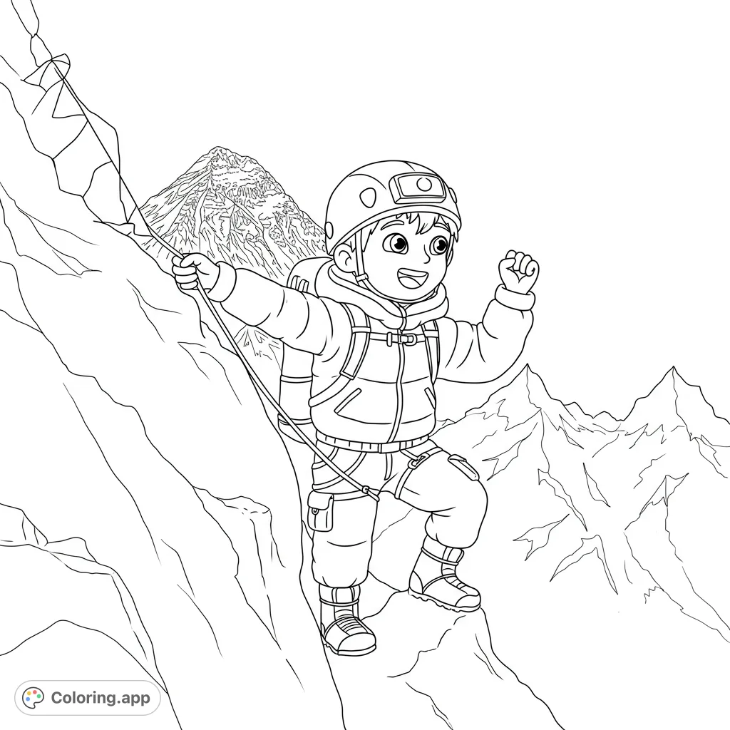 An adventurous young climber scales a rocky mountain, celebrating success. A thrilling mountain climbing coloring page for kids and adults.
