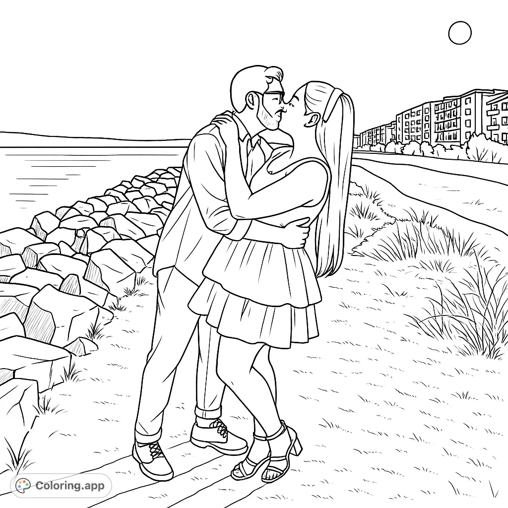 A beautiful romantic embrace by the water, featuring a couple kissing amidst rocks and grass, with distant buildings and a serene sky.