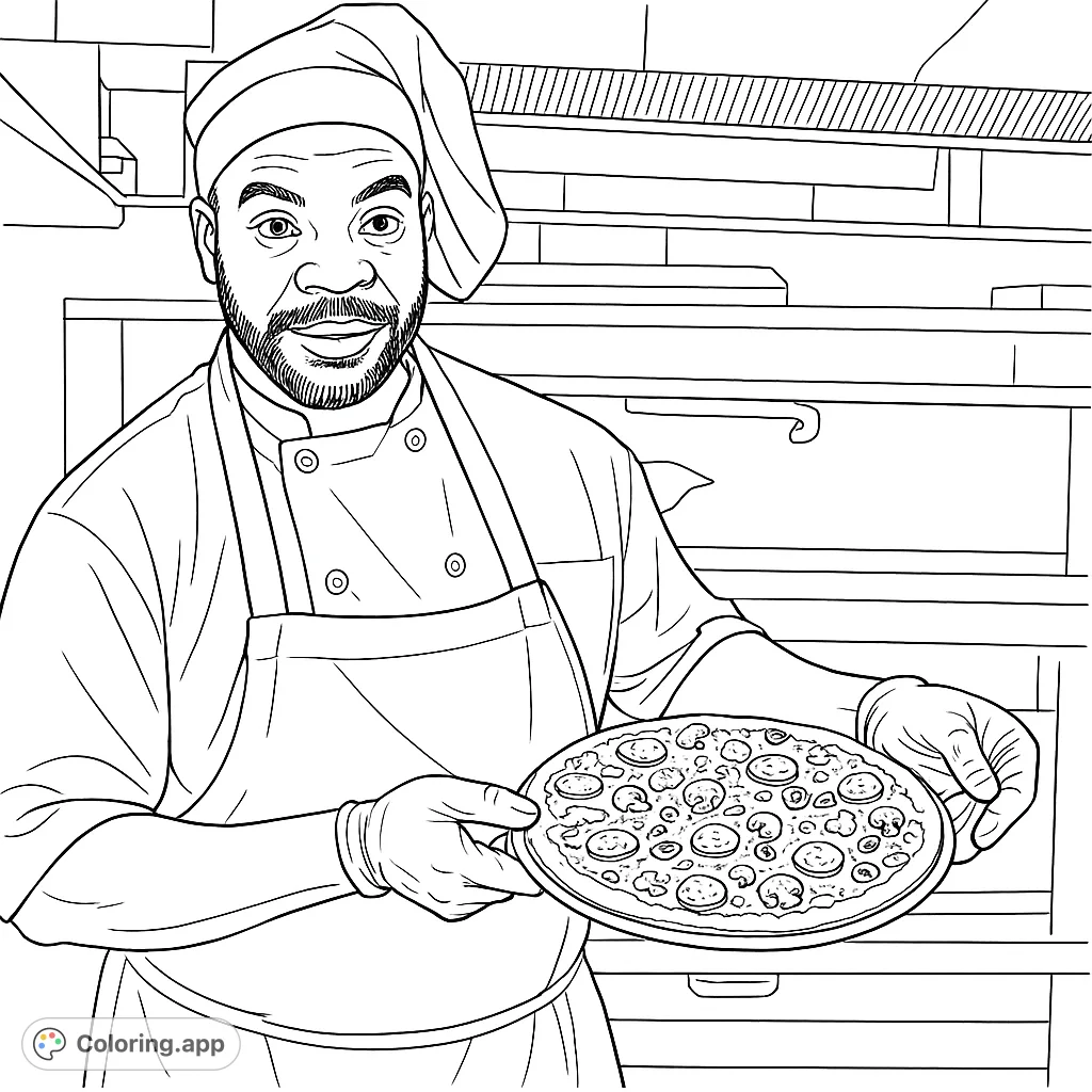 A cheerful chef proudly presents a delicious, freshly baked pizza, ready for you to add vibrant colors to its toppings and the bustling kitchen scene.