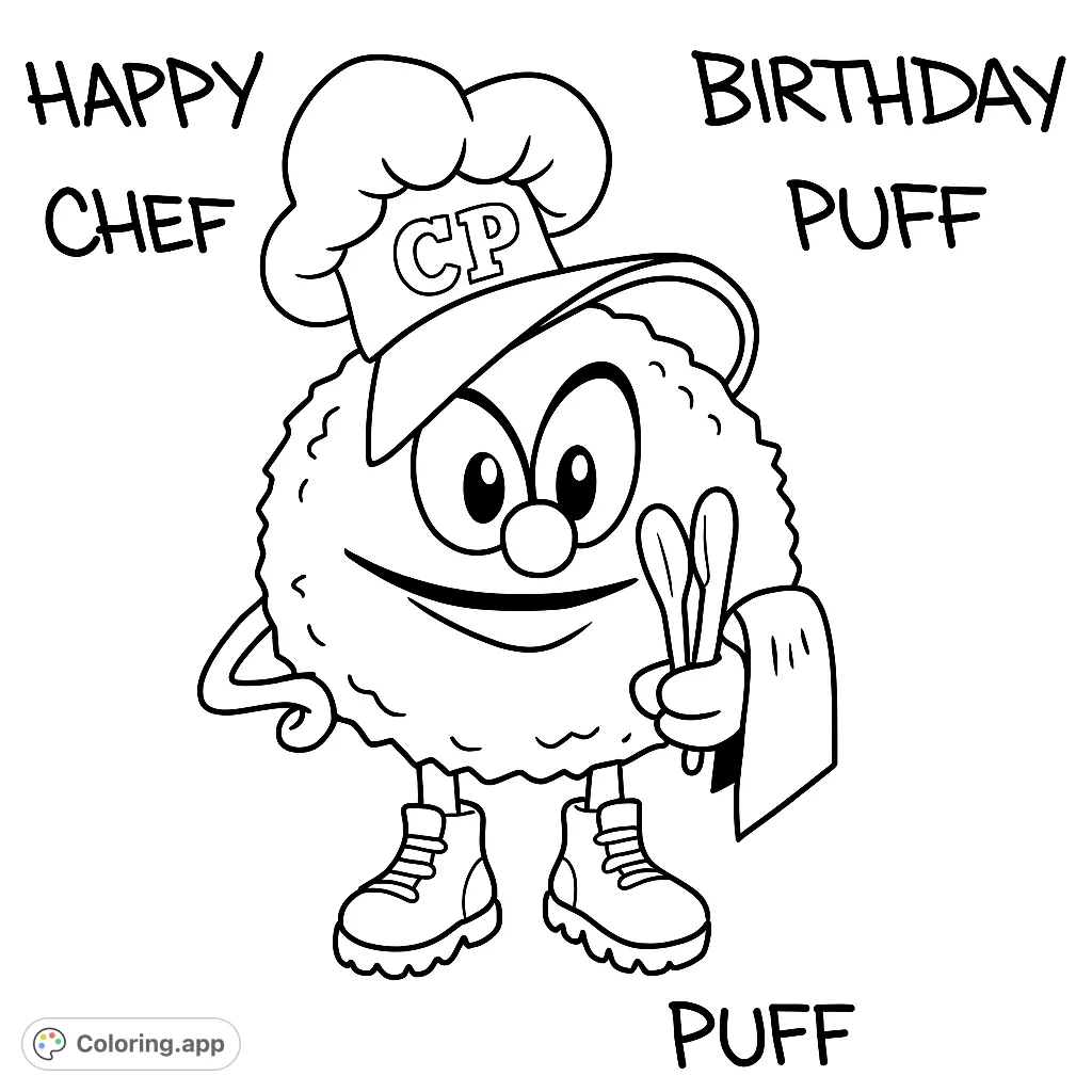 A delightful, fuzzy chef character ready to cook up some fun! This charming design features a smiling mascot with a chef's hat, cap, and utensils, perfect for a happy coloring adventure.