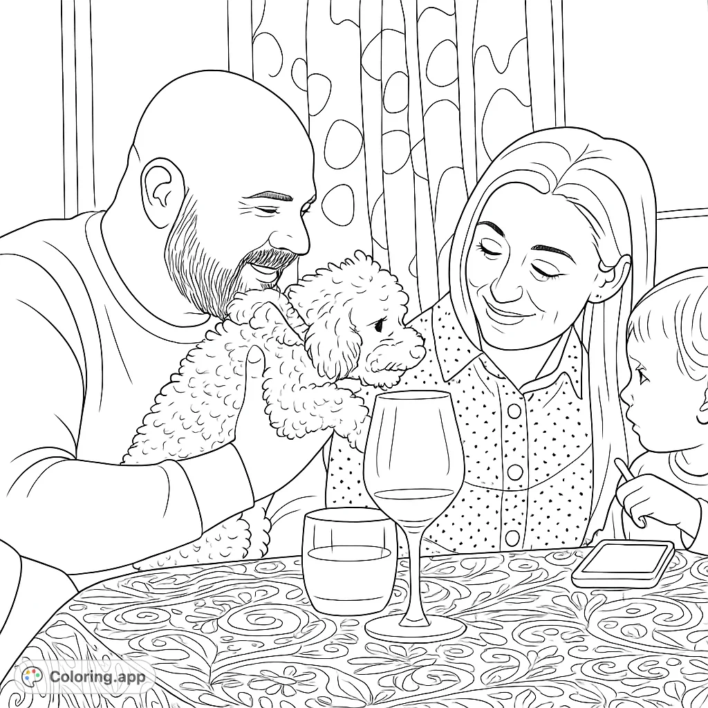 Capture a heartwarming family moment with a fluffy pet dog, a woman, man, and child gathered around a table. A free printable coloring page for all ages.