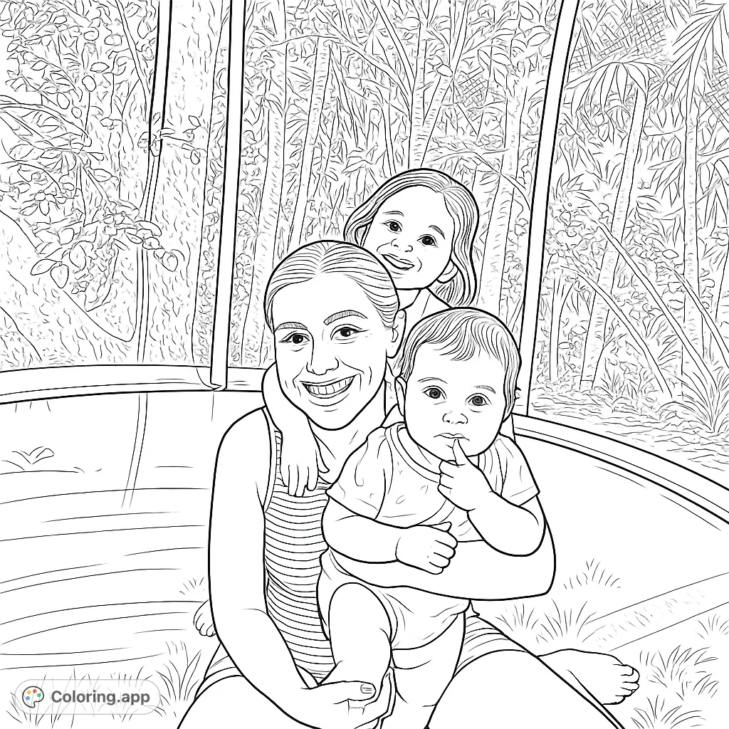 A heartwarming family portrait featuring a mother, child, and baby against a lush jungle backdrop. Perfect for a family coloring page.