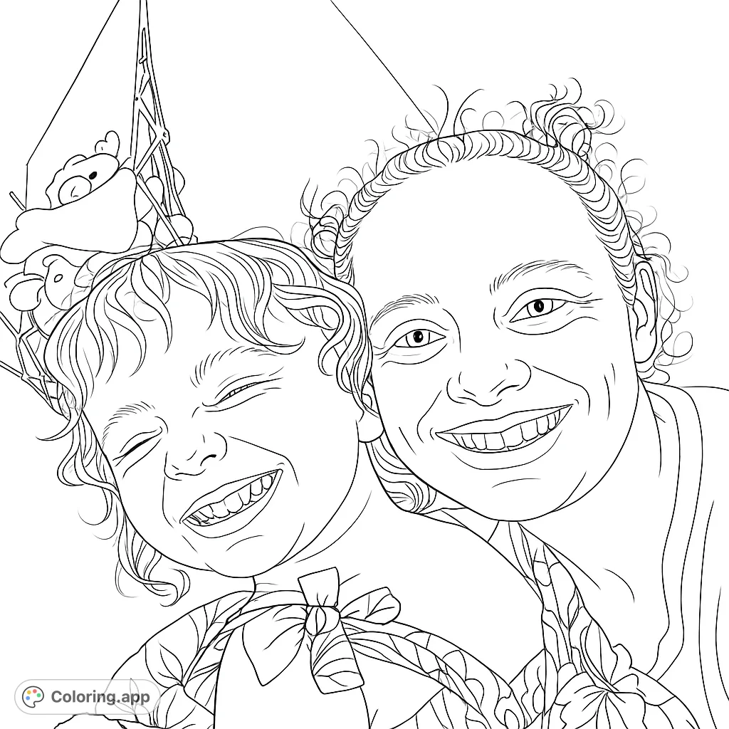 Capture a heartwarming moment with this family portrait coloring page. Features a joyful child and adult smiling brightly.