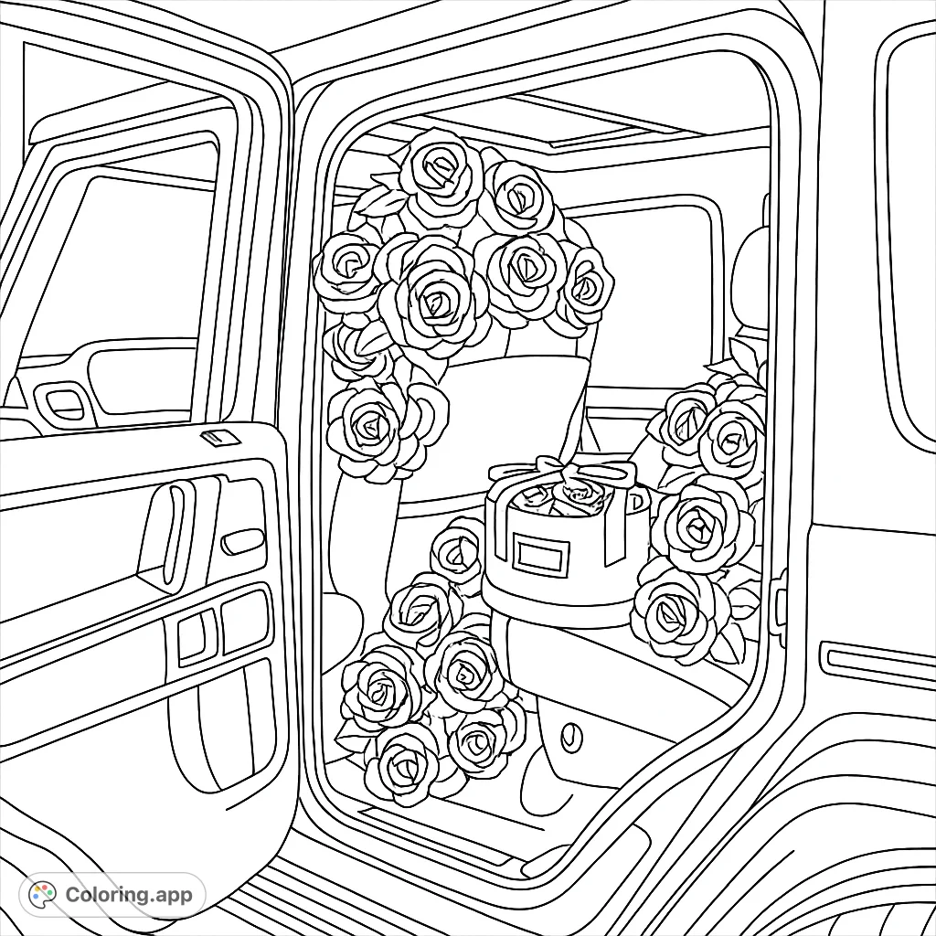 A luxurious car interior filled with a lavish bouquet of roses and a special gift box, perfect for a romantic or celebratory coloring experience.